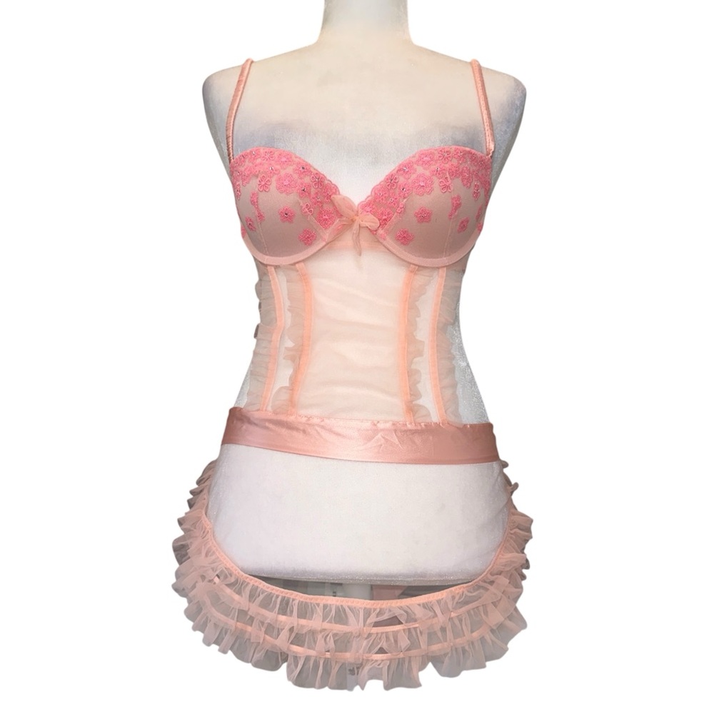 Victorias Secret Pink Sheer Floral Lingerie Babydoll Set Size 34B